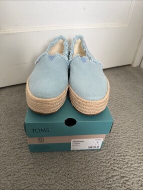 TOMS Light Blue Frayed Espadrille Platform Slip-Ons